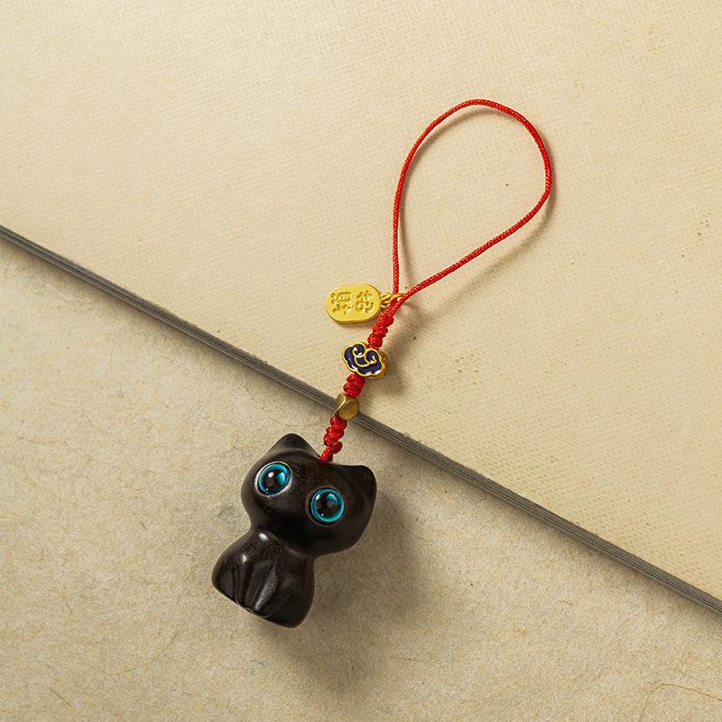 Ebony Rosewood Cute Big-Eyed Cat Pendant Keychain for Car Decoration