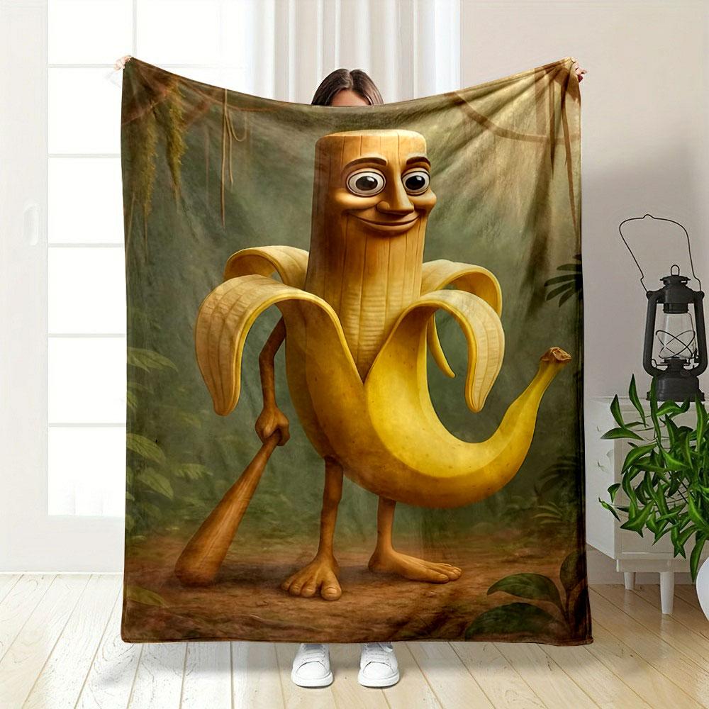 A humanoid banana holding a club in a jungle-like setting. for all seasons blanket lunch break throw gift
