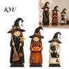 Hand Painted Witch Figurine Sets Vintage Wooden Figurine, Halloween Statues with Small for Countertop Broom Pumpkin Black Cat, Fall Farmhouse Tabletop