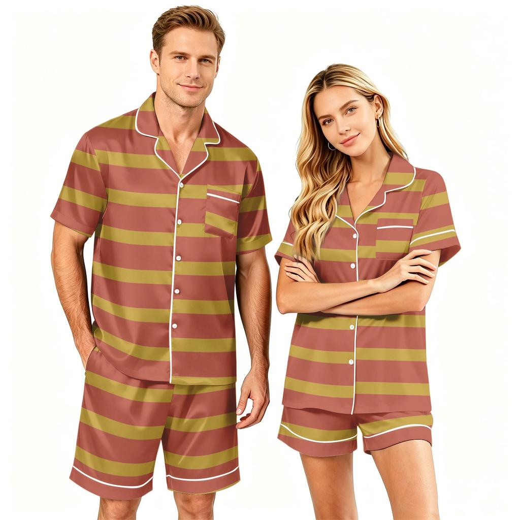 Couple Matching Pajama Set Short Sleeve Button Down Shirt with Hem and Shorts Set Soft Casual Sleepwear Available In Sizes S To XXXXL