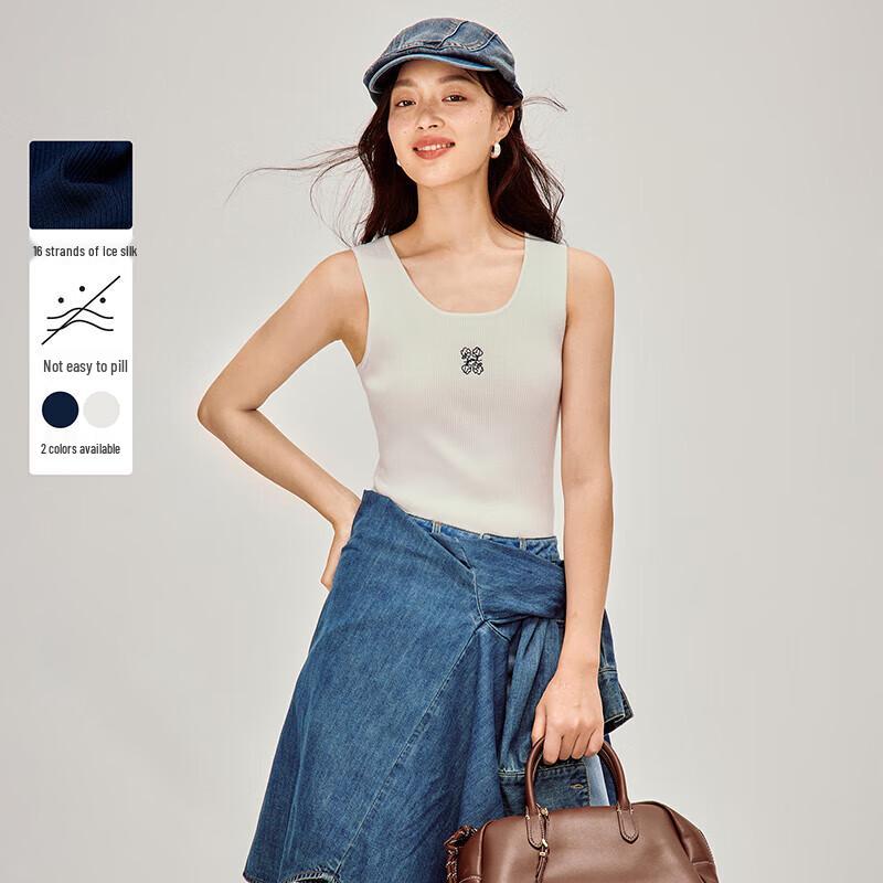 

INMAN Women s Ice Silk U-Neck Embroidered Knit Tank Top S