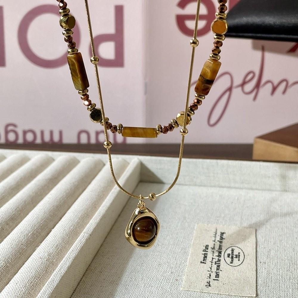 Stacking Tiger Eye Stone Pendant Necklace Temperament Layered Clavicle Chain Retro Sweater Chain