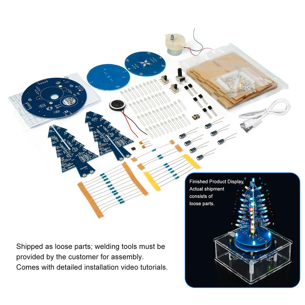 

3D Colorful Christmas Tree Rotating Music Box DC 5V LED Flow Light Circuit Kit DIY Electronic Kit Welding Practice Kit Micro USB
