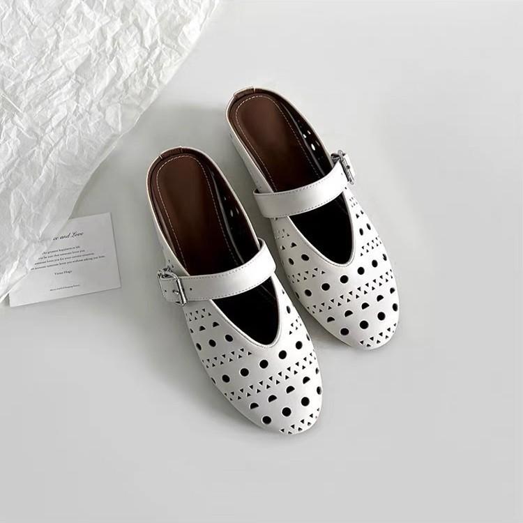 Sheepskin Version~ 2025 New Leather Hollow Bag Head Half Slippers Women's Summer Flat Bottom Mary Jane Hole Sandals Women's Shoes