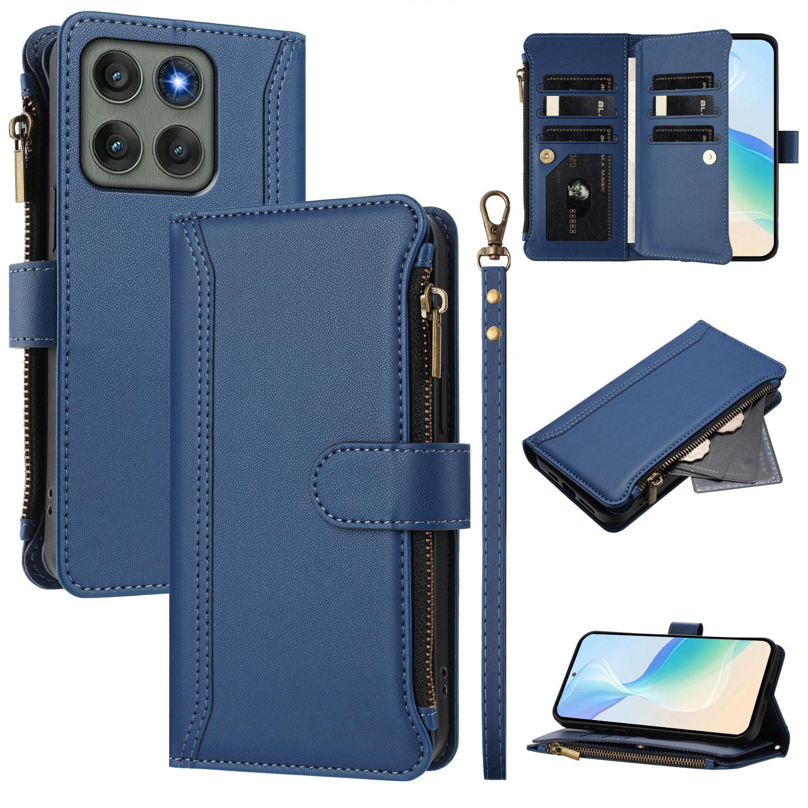 

For Motorola Edge 60 Pro 5G Leather Case 9 Card Slots Zipper Wallet Stand Phone Cover with Wrist Strap Dark Blue