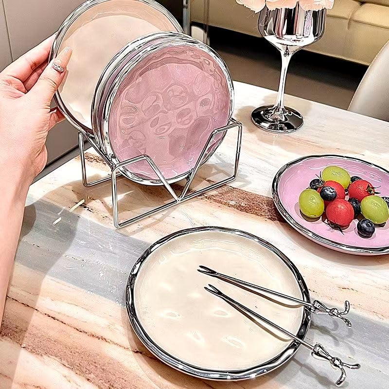 Nishida Stylish Round Set of Pastel Dishwasher and Microwave Cake Medium Plate with Gold Plates, 3, 15cm, Ceramic, Colors, Safe, Plate, (White Rim)