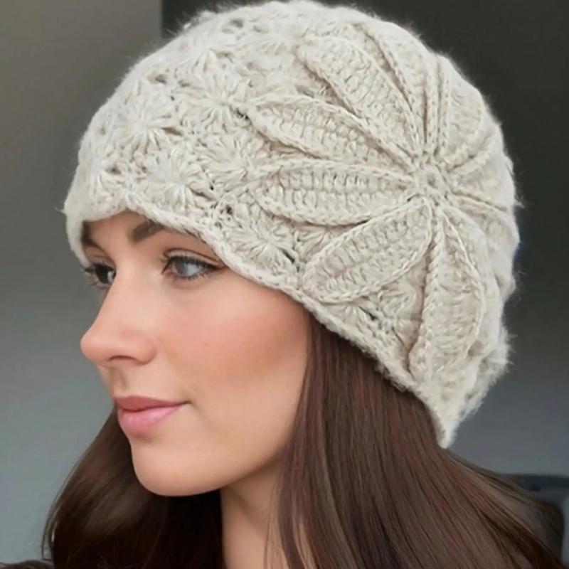 1pc Handmade Crochet Flower Knit Beanie Hat for Women, Warm Winter Slouchy Cap бежевый