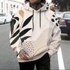 Men Plus Size Beige Printed Hoodie Long Sleeve Drawstring Pullover With Kangaroo Pocket