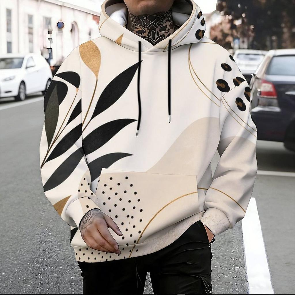 Men Plus Size Beige Printed Hoodie Long Sleeve Drawstring Pullover With Kangaroo Pocket