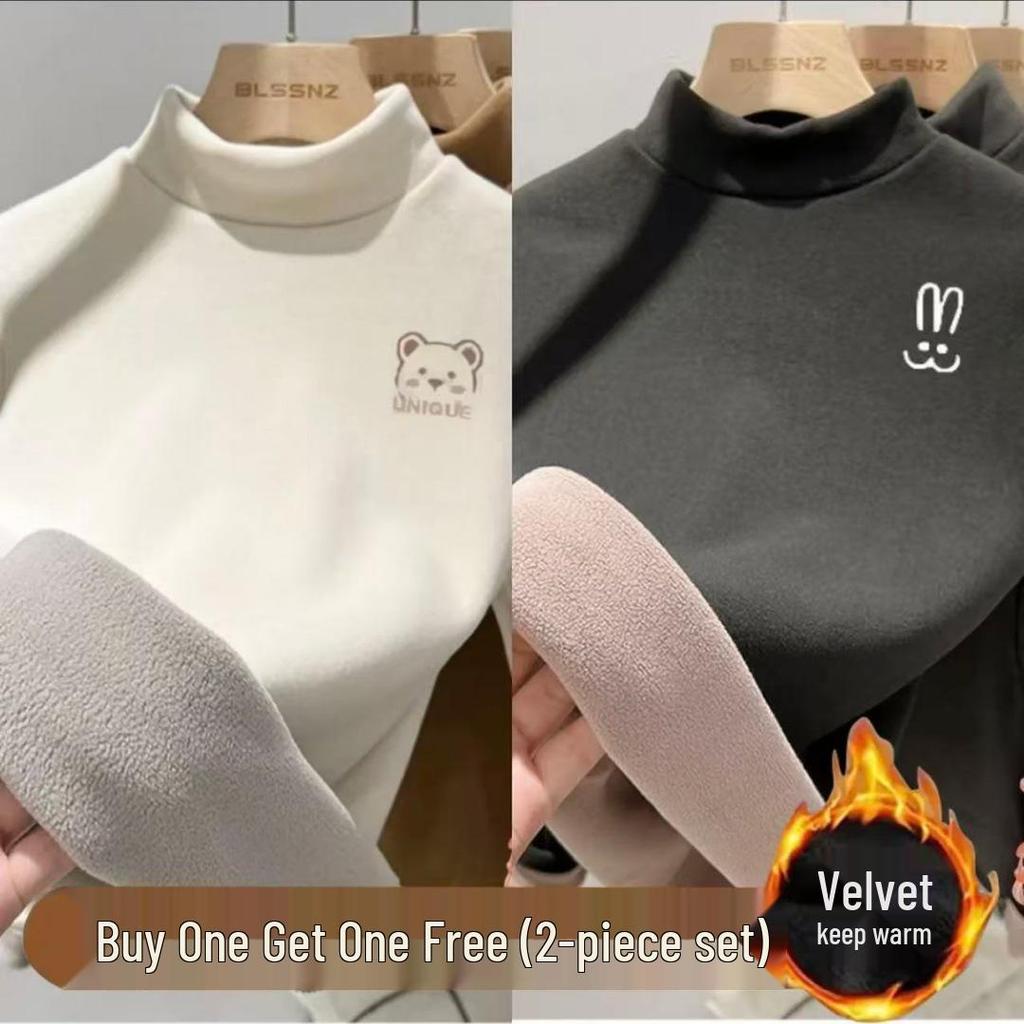 2025 Winter Kids' Plush Velvet Base Layer Half-High Collar T-Shirt for Boys & Girls