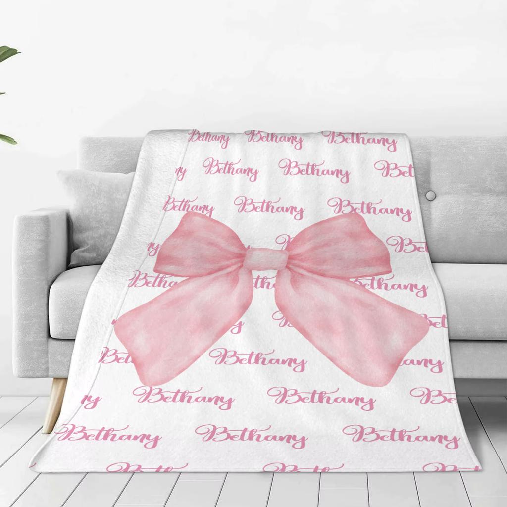 Pink Bow Blanket Custom Name Personalized Flannel Baby Blanket For Sofa Soft Birthday Gift Customized Blankets For Boys Girls