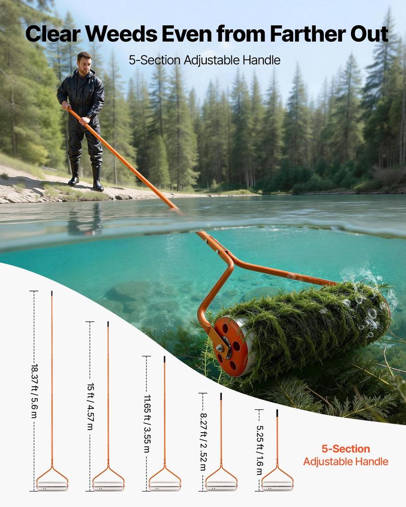Lake Weed Roller, 5.49 M Lake & Pond Weed Removal Tool, Muck Razer Aquatic & Sludge Tiller, Rid Roots and Muck Buildup, 6 Preassembled Stainless Steel