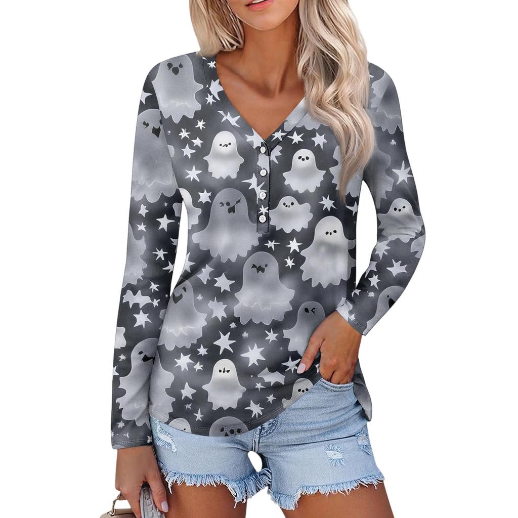 Women's Casual Fashion Sexy Comfort Halloween Printed V-Neck Button Long Sleeve