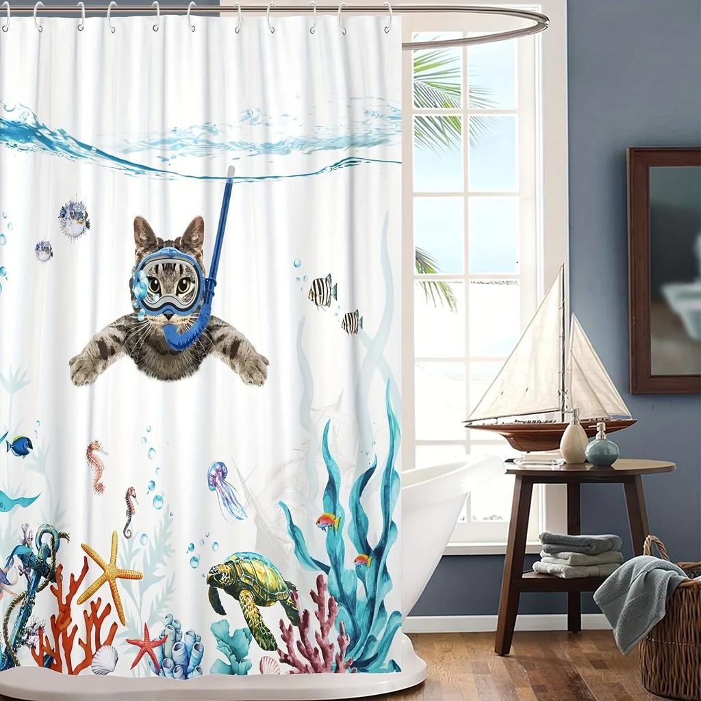 Shower Curtain: Adorable Cat Scuba Diving with Tropical Sea Life for a Fun and Whimsical Bathroom Decor