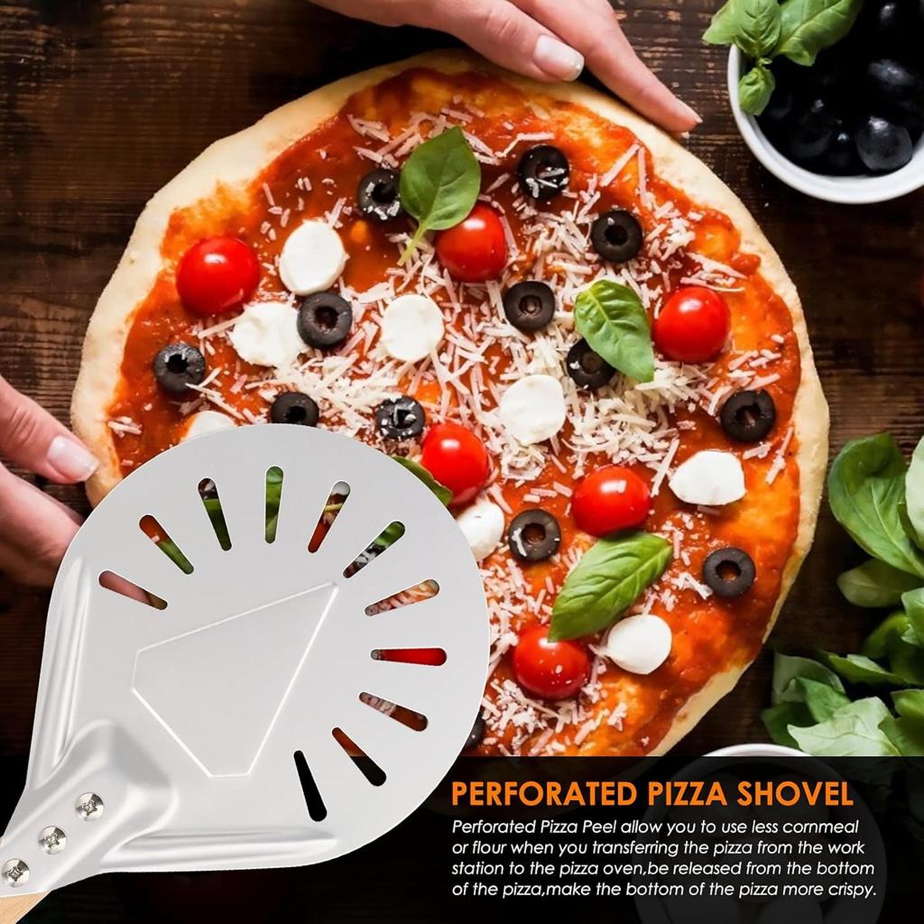 Pizza Turning small Pizza Peel Paddle Short round Tool Non Slip wooden Handle 7 inch Perforated Pizza Shovel Aluminum