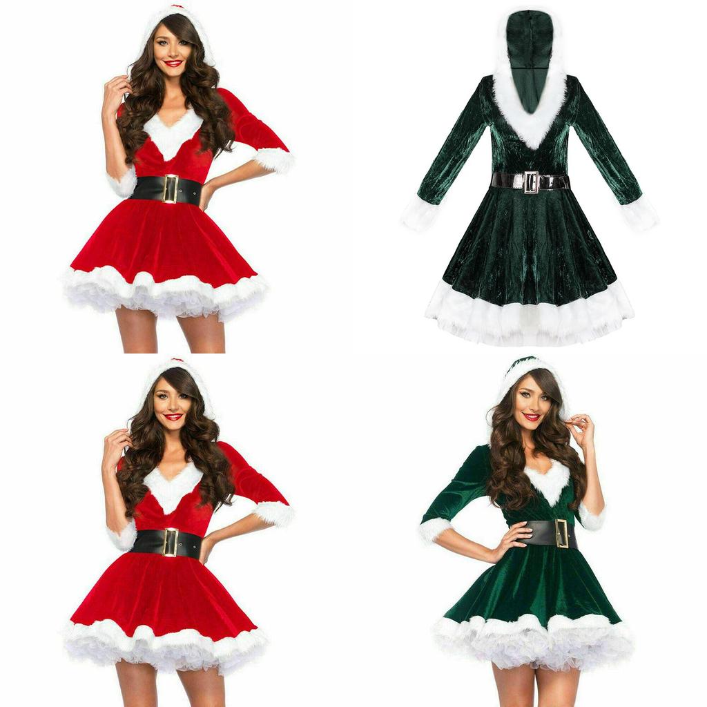 Festive Women's Girls Santa Claus Christmas Costume With Soft Velvet And Faux Fur Trim