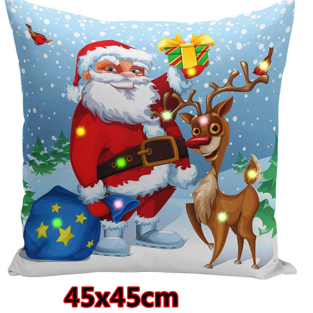 Weihnachten Leuchtende Lichterketten LED Kissenbezug 45x45cm Weihnachtsmann Elch Schnee Polyester Kissen Zuhause Geschenk Dekoration
