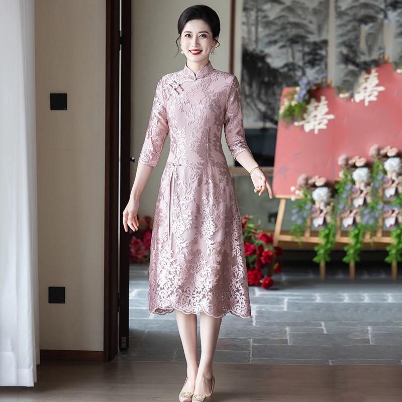 Elegant Vintage Cheongsam Dress Mother Of Bride Wedding Guest Outfit Red Pink Floral Lace Midi