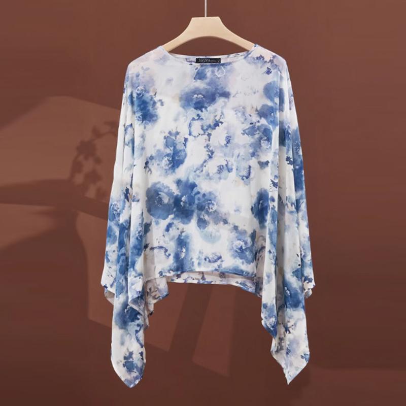 

ZANZEA Женская повседневная блузка с круглым вырезом, рукавами долман, свободного кроя с принтом, накидка 4XL синий