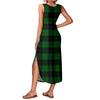 Women's Summer Long Dress, Sleeveless with Side Slits, Long Plaid Printed Vest Dress
