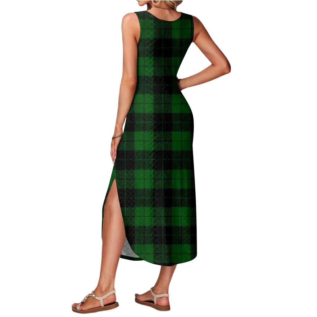 Women's Summer Long Dress, Sleeveless with Side Slits, Long Plaid Printed Vest Dress