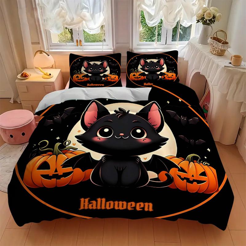 3pcs Halloween Adorable Cat Bedding Set - 1 Soft Quilt Cover + 2 Pillowcases, Machine Washable - Suitable