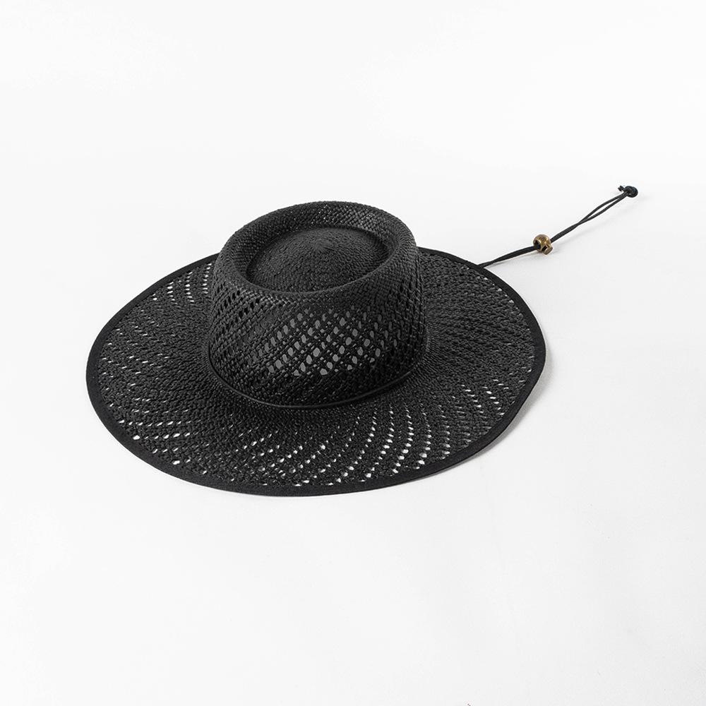 

USPOP Spring and summer new fashion hollow braid Straw hat with large brim and rope-tie Outdoor beach sun hat 56-58cm чорний