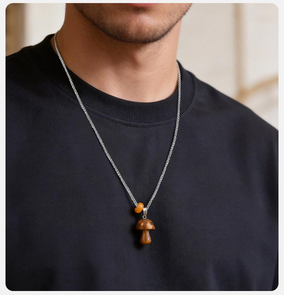Vnox Natural Stone Mushroom Circle Pendant Necklace, Tiger Eye Black Onyx Stone Stainless Steel Adjustable Chain for Men Women