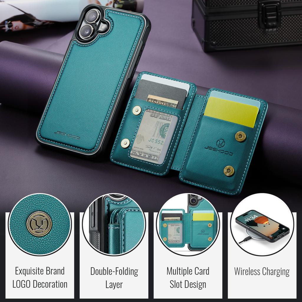 JEEHOOD J05 For iPhone 16 Case Leather Mobile Cover with Detachable Magnetic Card Bag
