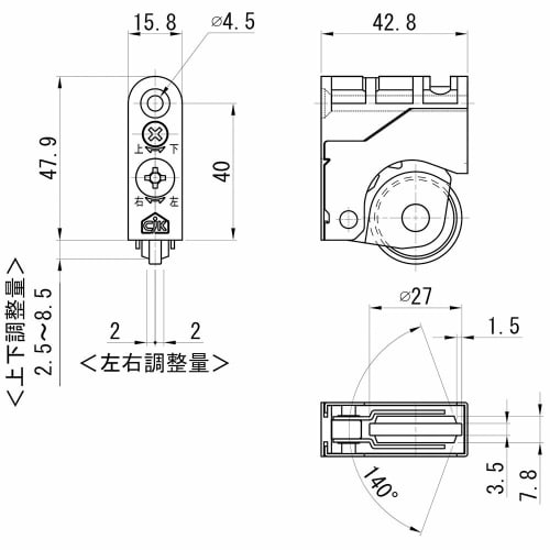 Noda Adjustable Door Roller [P-702] for Interior Sliding Doors, Lower Section, Current Model, Set of 2