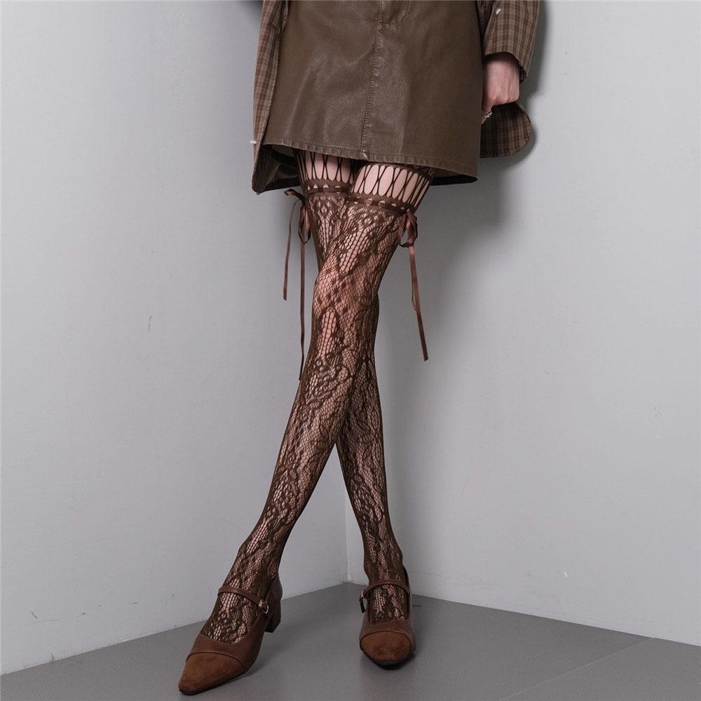 High Waist Mesh Lace-up Pantyhose Smooth Hollow-out Shaping Silk Stockings Stretch High-Density Sheer Pantyhose Tights Women