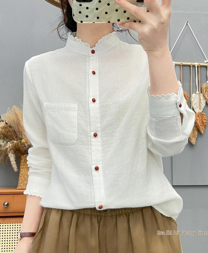 2026 Spring/Autumn Long Sleeve Stand Collar Ruffle Trim Artistic Shirt in Japanese Style - Age-Reducing Versatile Base Layer