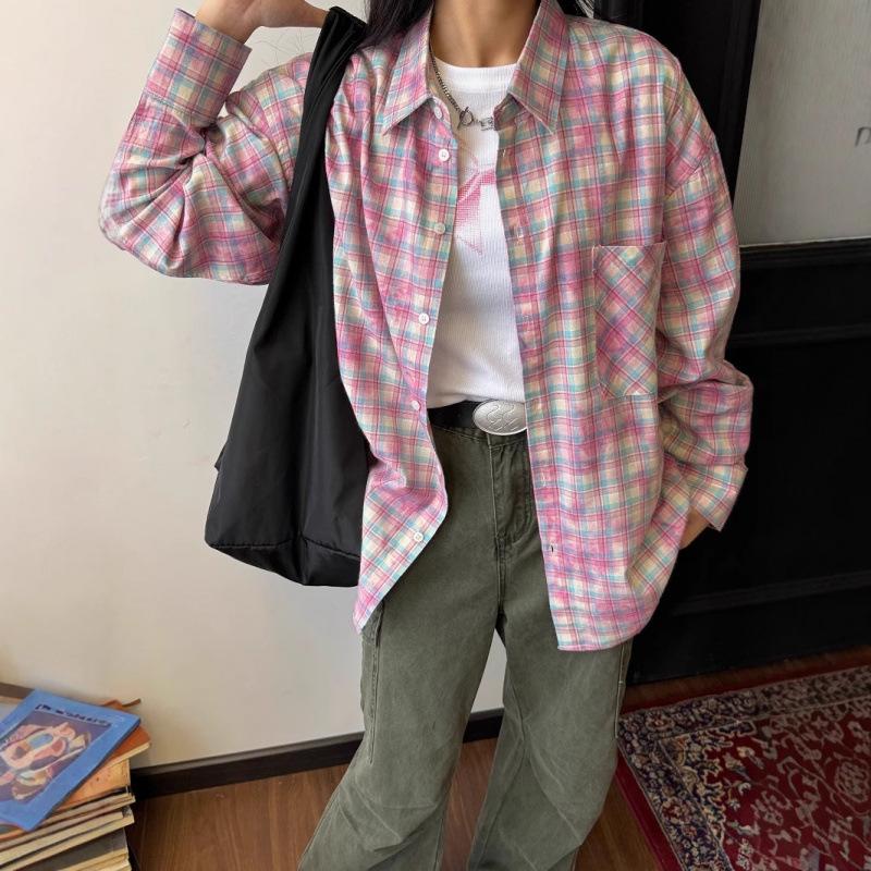 

Unisex Retro Patchwork Plaid Long Sleeve Shirt - Casual Spring/Summer/Autumn Jacket M рожевий