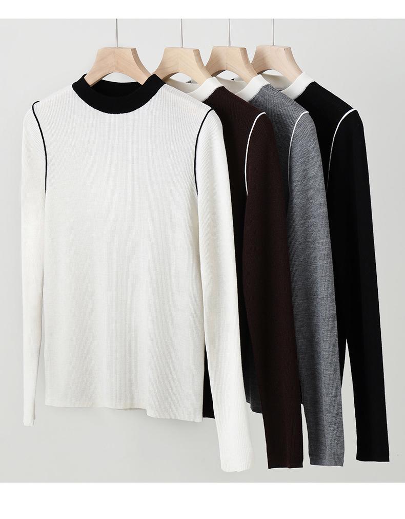 Women's Color-Block Knit Sweater, Long Sleeves, Fine-Spun Wool, French Style, Warm Base Layer for 2025 Autumn/Winter