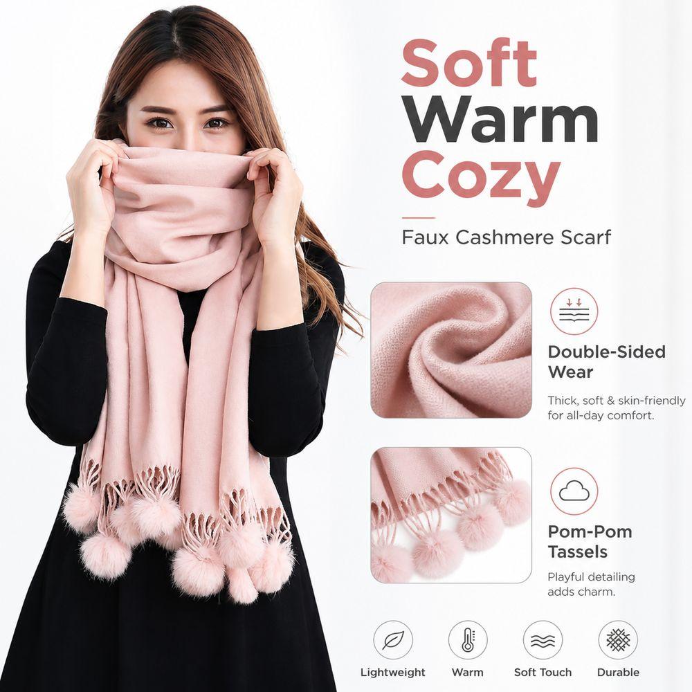 Oversized Rabbit Fur Pom Pom Scarf Solid Color Oversized Pashmina Poncho Outdoor Wear