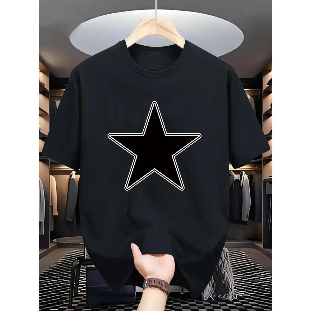 [Ležérní tričko s hvězdným potiskem] Pohodlné tričko s hvězdným potiskem - Pánské ležérní tričko s kulatým výstřihem a geometrickým designem, Pěticípá hvězda,