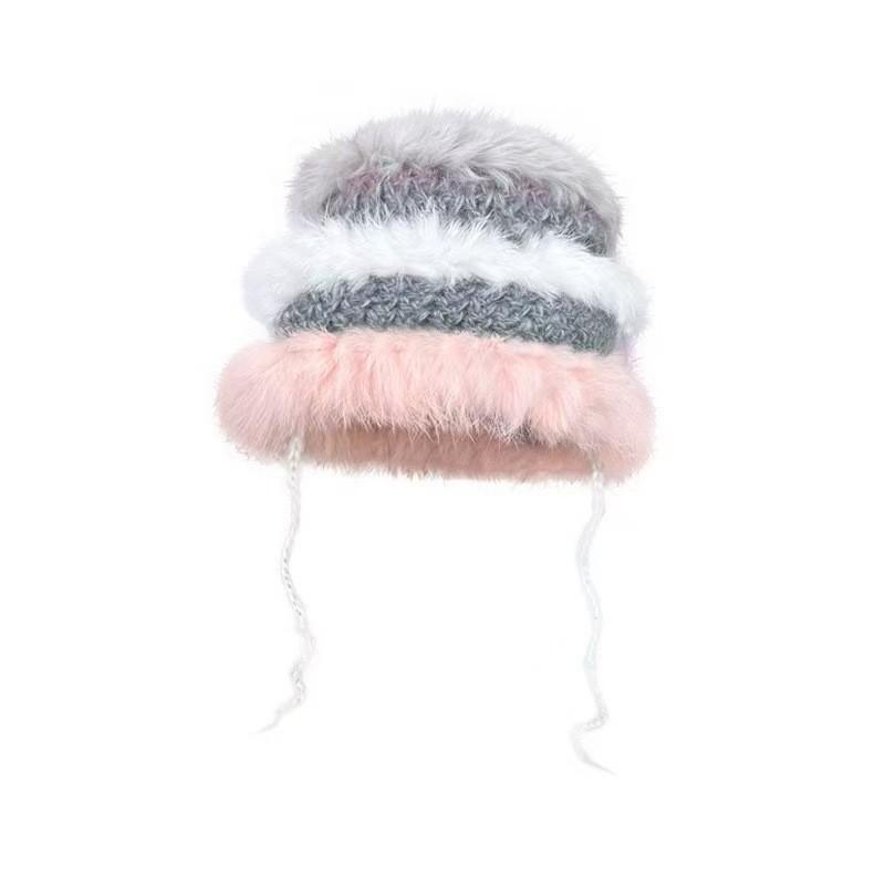 Cartoon Style Wool Beanie With Plush Fur Material And Adjustable Fit For Casual Wear