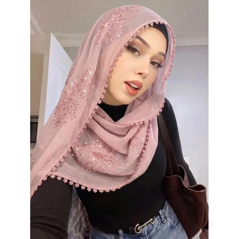 Lightweight Chiffon Scarf With Floral Embroidery Edge - Versatile Wrap Shawl Women Fall Winter