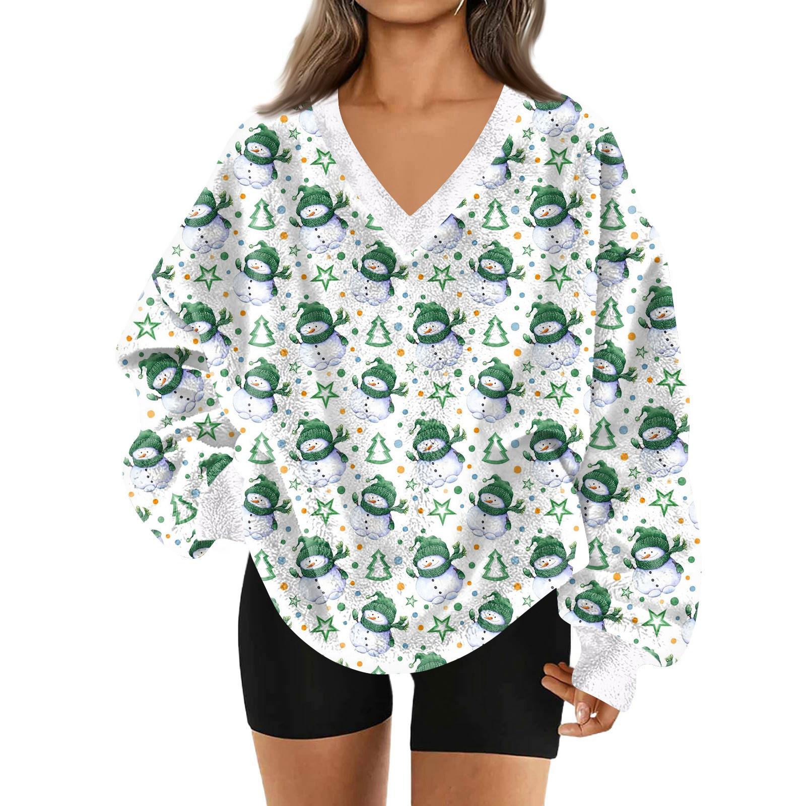 

Женский модный пуловер с V-образным вырезом, рождественским принтом, длинным рукавом, повседневный, плюшевый, теплый, с карманом, толстовка, топ XL белый