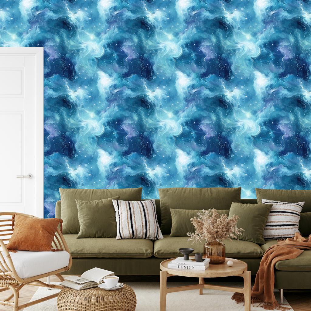 Watercolor Galaxy Wallpaper Blue, Turquoise and Celadon 50x1000