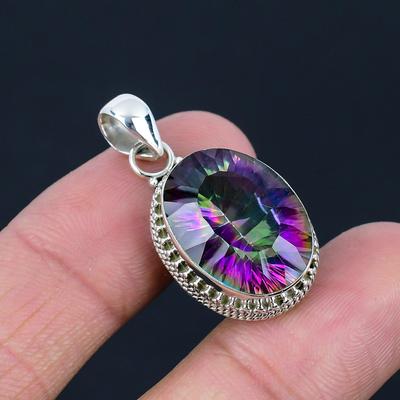 Natural Mystic Topaz Gemstone, 925 Sterling Silver, Multicolor Gemstone, Handmade Bezel Set Pendant Jewelry, Valentine's Day Gift For Love