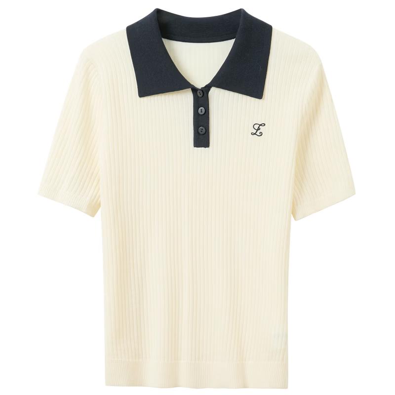 San Cai Women s Contrast Lapel Knit Polo Shirt L жемчужина белый
