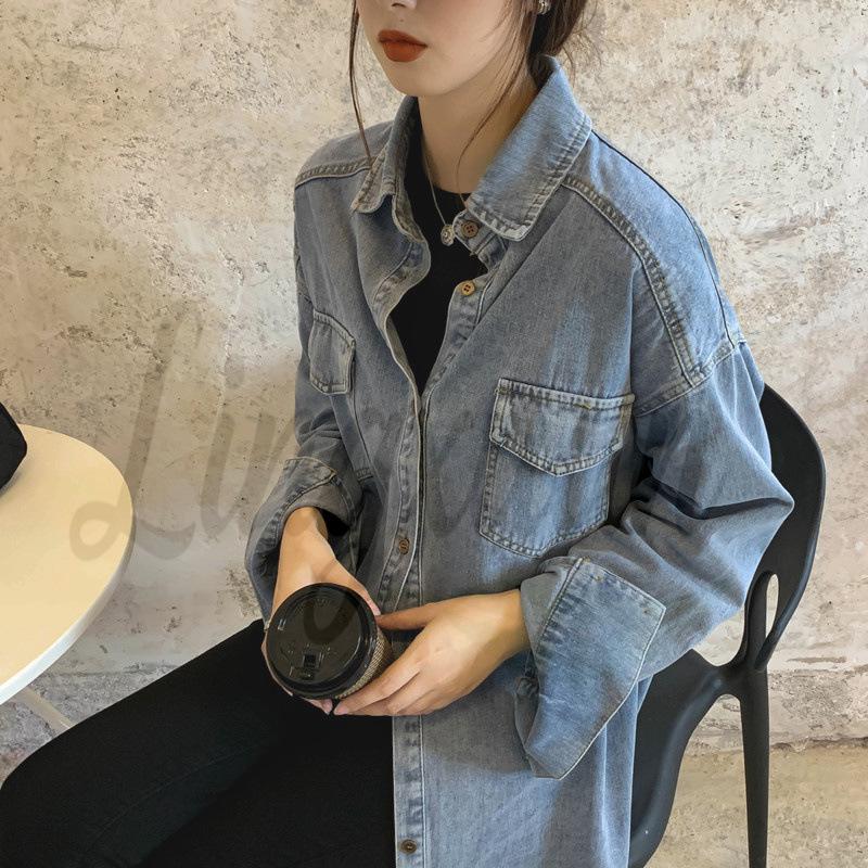 

Ретро-топ из мягкого денима - Гонконгский стиль, Корейская версия, Гипоаллергенный, Свободный крой для весны и осени S светло-синий