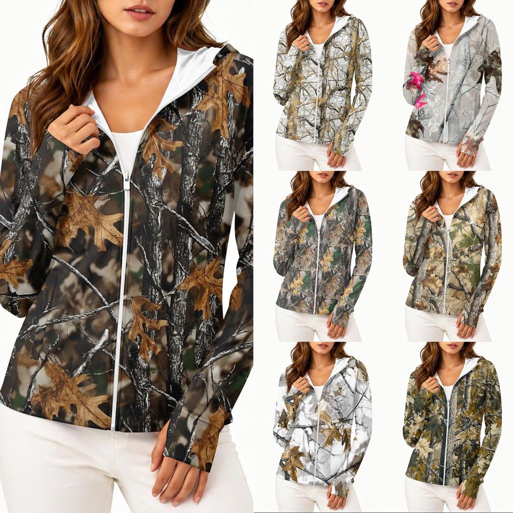 Women Lightweight Zip Up Hooded Jacket with Pockets Long Sleeve Sun Protection Printed Outdoor Activewear