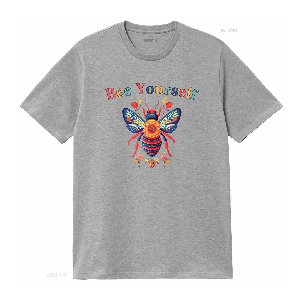 Folk Art Bohemian Bee Yourself Slogan Colorful Floral Print Casual T Shirt vintage Washed fashion Stylish Stretched