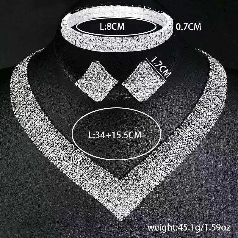 3Pcs Fashionable Rhinestones Necklaces Earrings Jewelry Set Women'S Wedding Accessories Gift