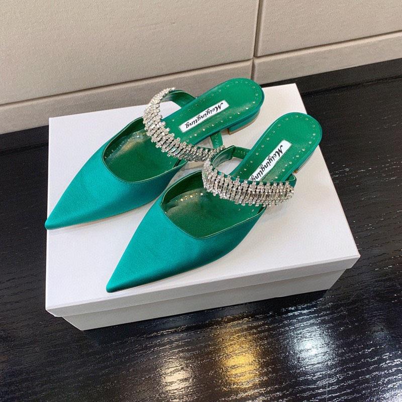 Fashion Women's High Heels Temperament Baotou Silk Rhinestones Muller Slippers Pointed Stiletto Pumps