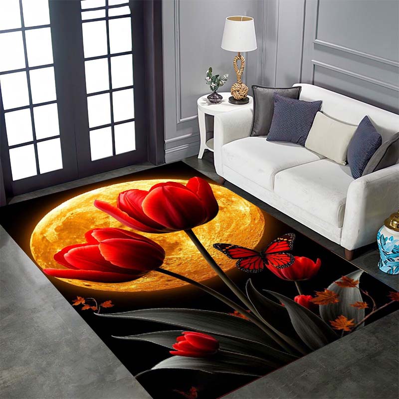 Vintage Floral Tulip Patterned Floor Mat, Non-slip, Machine Washable, Suitable for Living Rooms, Bedrooms, and Home Décor.