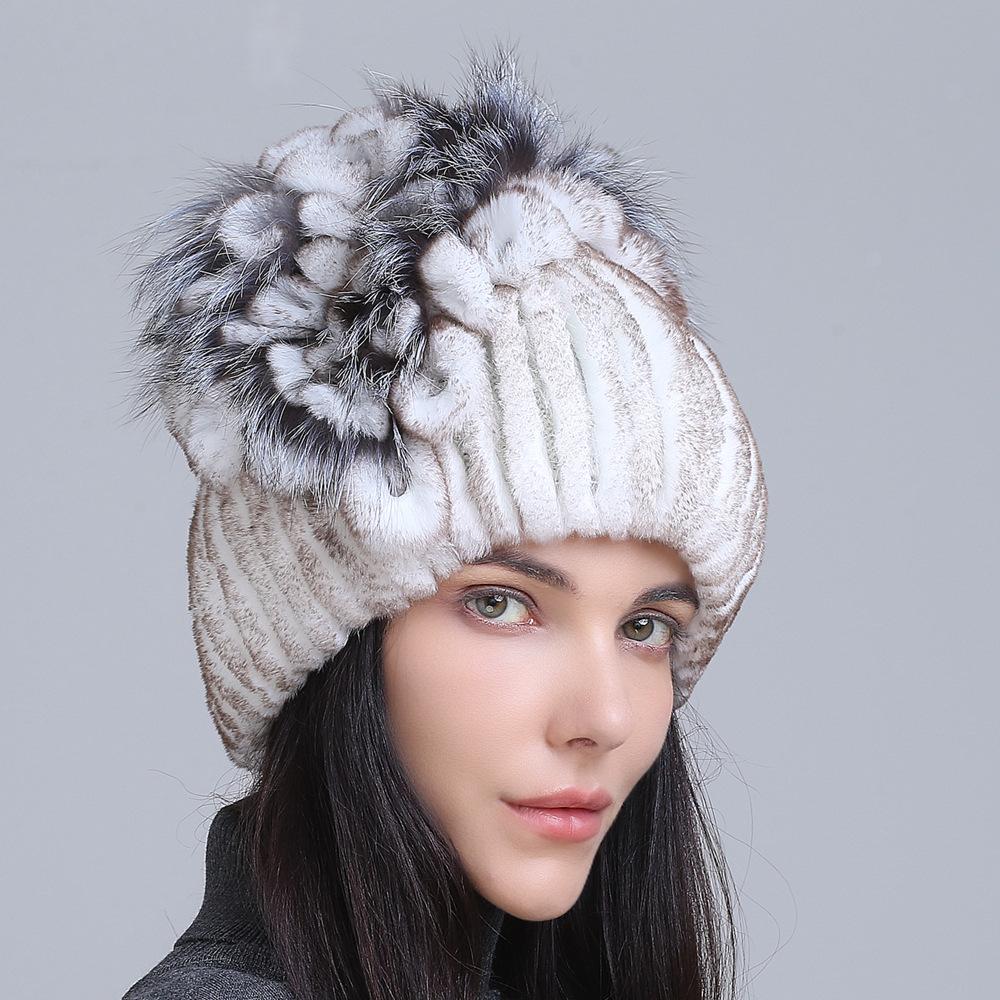 Winter Women's Warm Fashion Thick Wool Hat Rex Rabbit Fur Hat Knitted with Side Flower Hat
