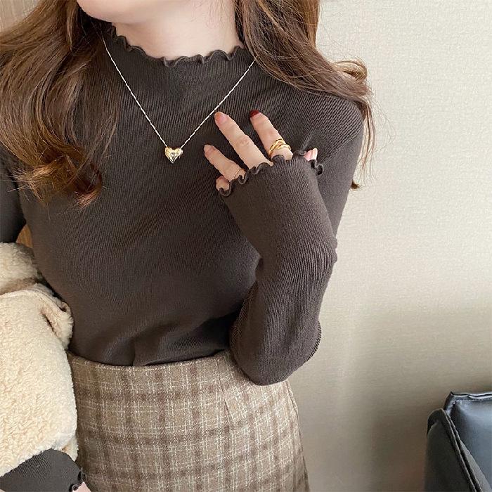 Women's Ruffled Half-High Collar Knitted Top - Stylish Spring/Autumn Base Layer Sweater, 2026 New Style
